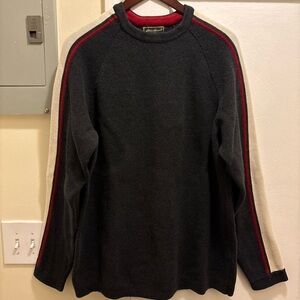 Men's vintage Eddie Bauer dark gray Sweater with Red & Cream Stripes size Large